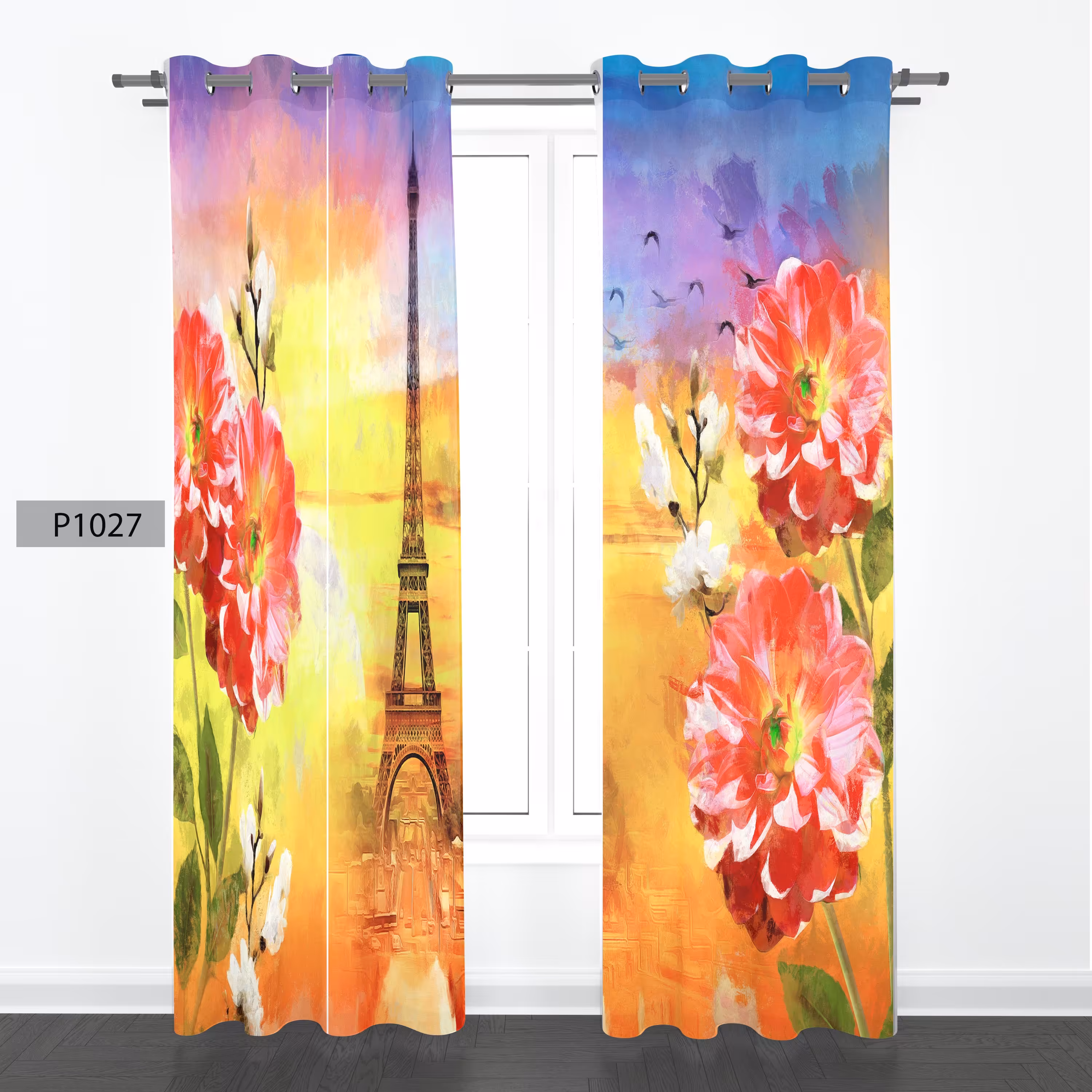 پرده هازان چاپی دوقواره دوخته شده پانچ شده هر قواره عرض 140ارتفاع 190 کد1027