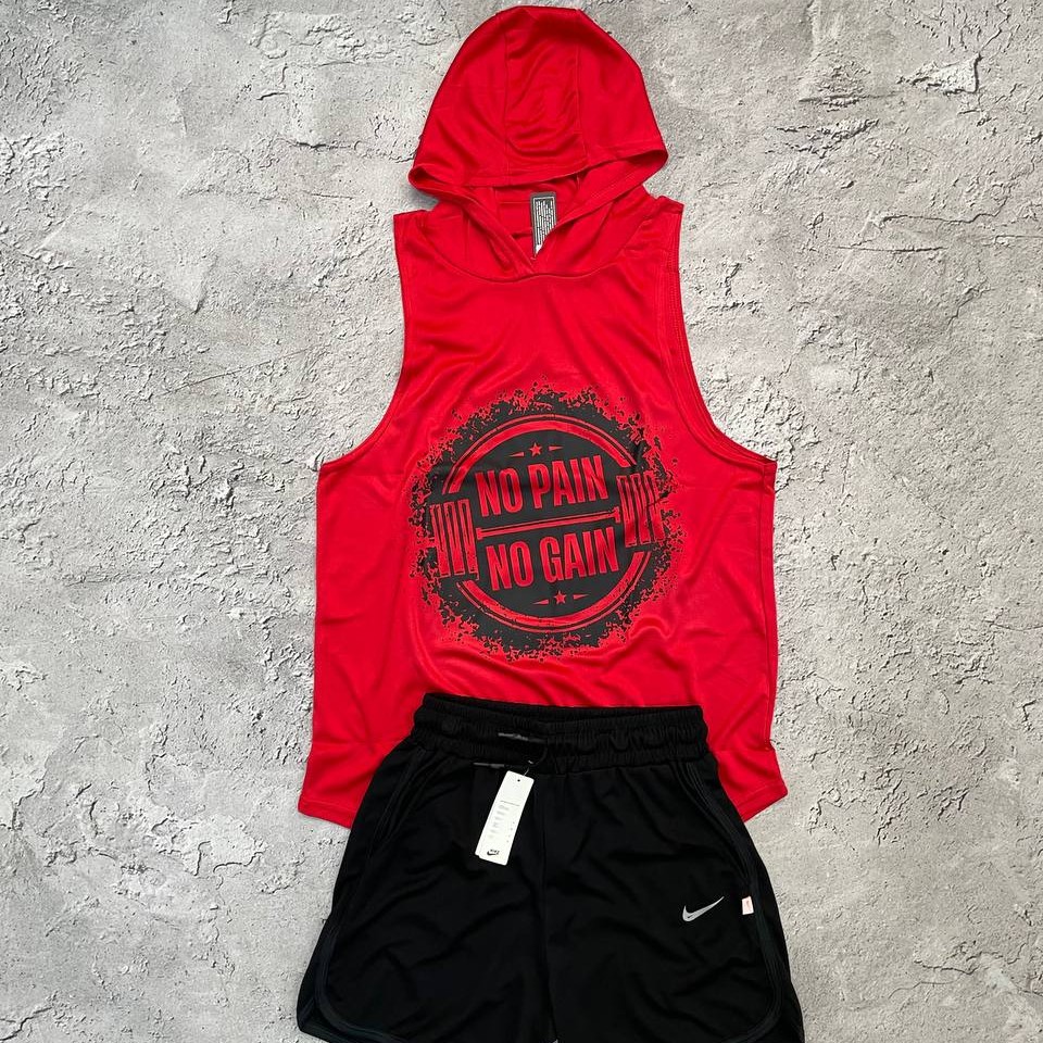 ست کاور  شلوارک NO PAIN  NO GAIN کاور فلامنت تنفسی شلوارک هلالیNIKE غواصی رنگ قرمز
