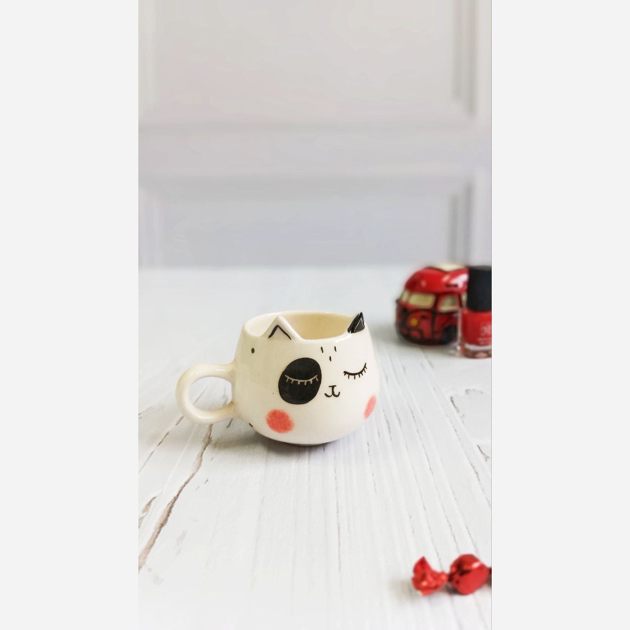 فنجان چای سرامیکی فانتزی نقاشی شده (طرح گربه )-مناسب نوشیدنی سرد و گرم (پس کرایه)