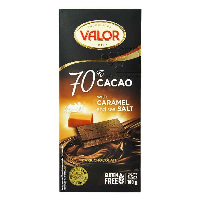 شکلات تلخ 70 درصد با طعم کارامل و نمک دریا بدون گلوتن 100 گرم والور - valor