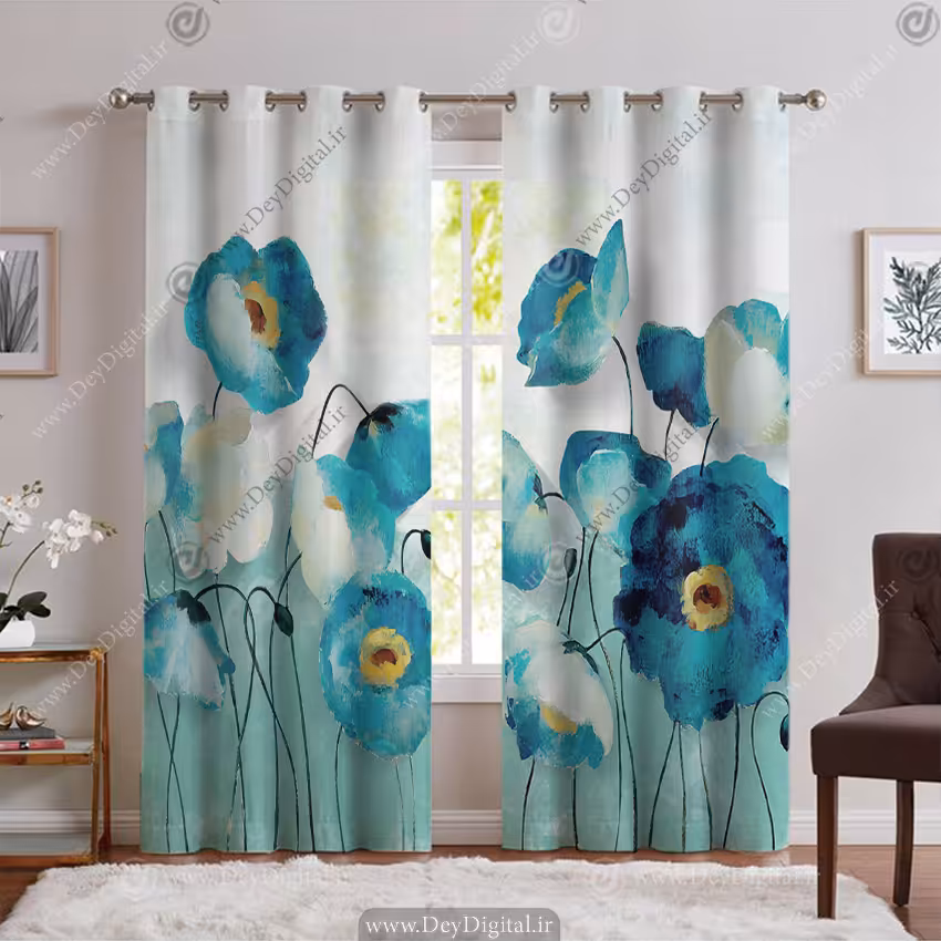 پرده پانچی طرح گل فیروزه ای PK-5979