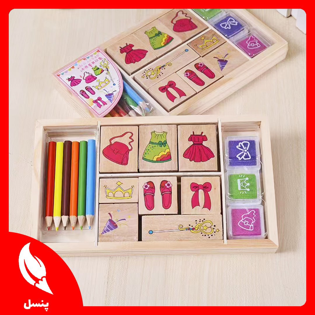 ست مهر استامپ و مداد رنگی چوبی دخترانه