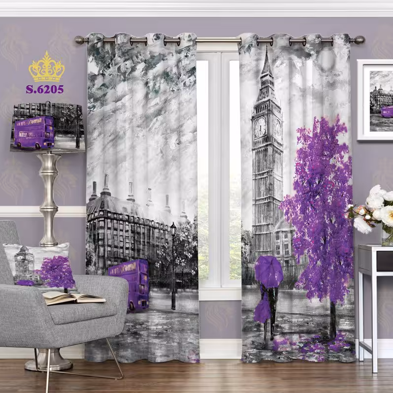 پرده تصویری پذیرایی پانچ دو قواره آماده طرح منظره سیاه قلم کد 6205