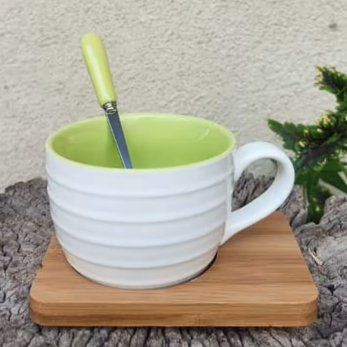 ماگ سرامیکی  زیر بامبو به همراه قاشق  دسته سرامیکی