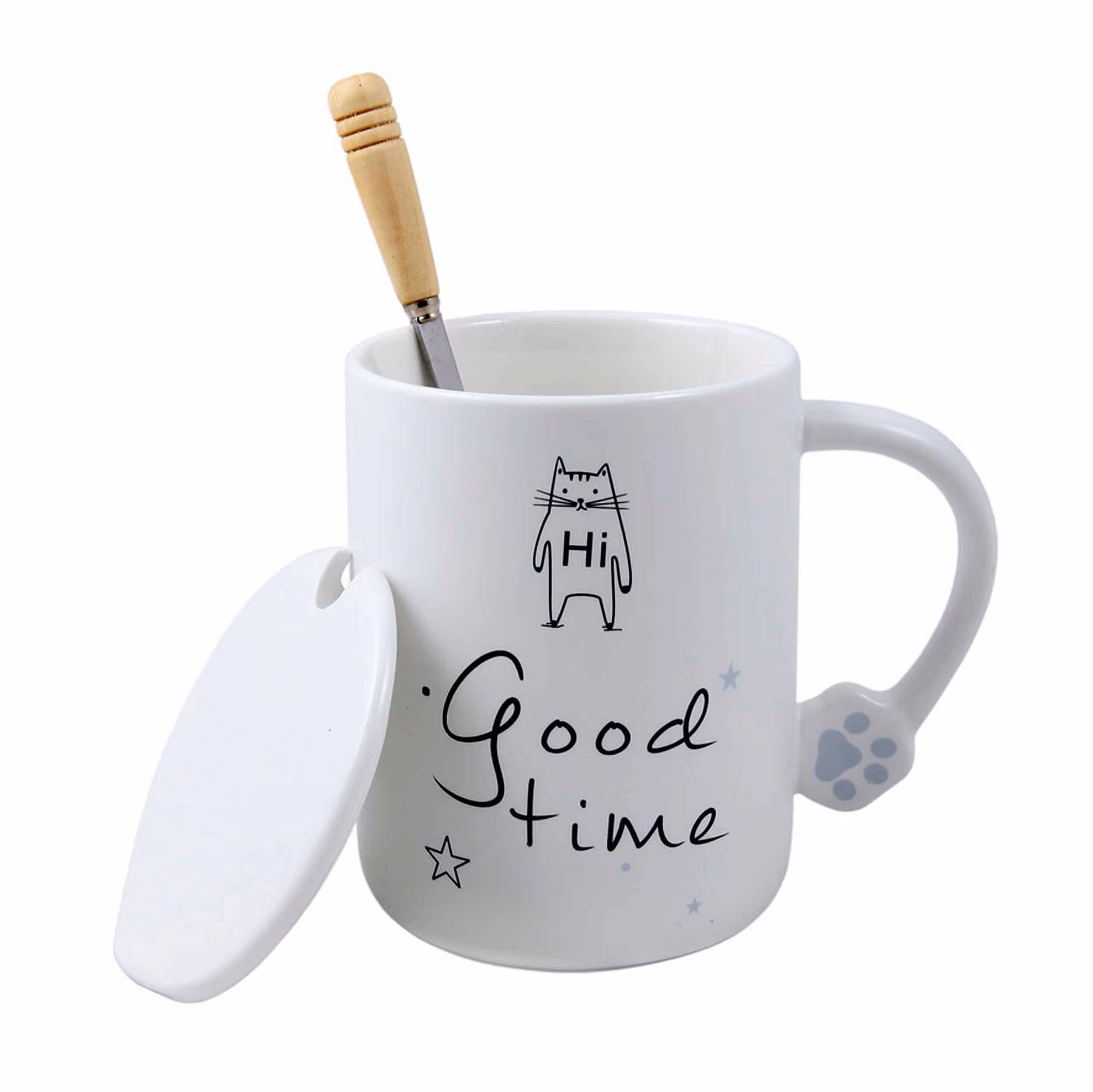 ماگ درب دار سفید طرح گربه همراه با قاشق