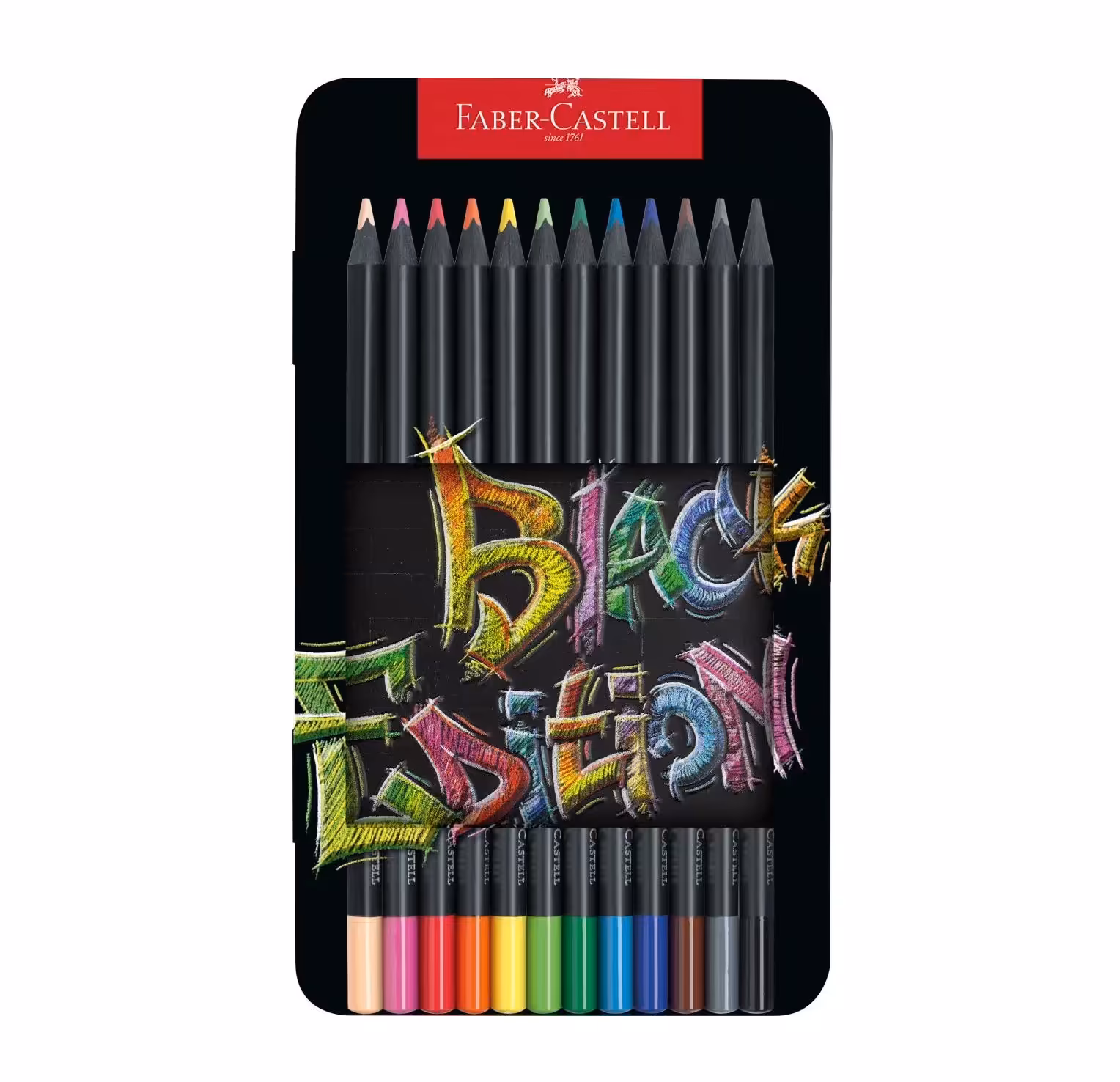 مداد رنگی 12 رنگ بدنه مشکی جعبه فلزی فابر کاستل مدل بلک اديشن