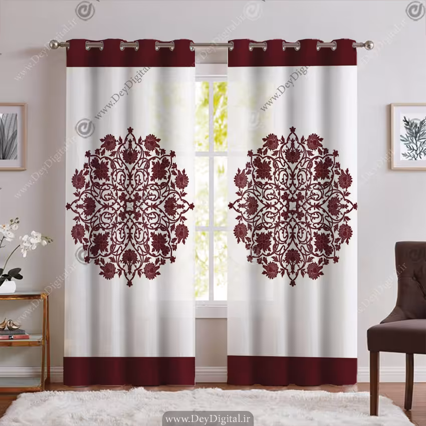 پرده پانچی مدل گل سنتی رنگ قرمز تیره SA-3972