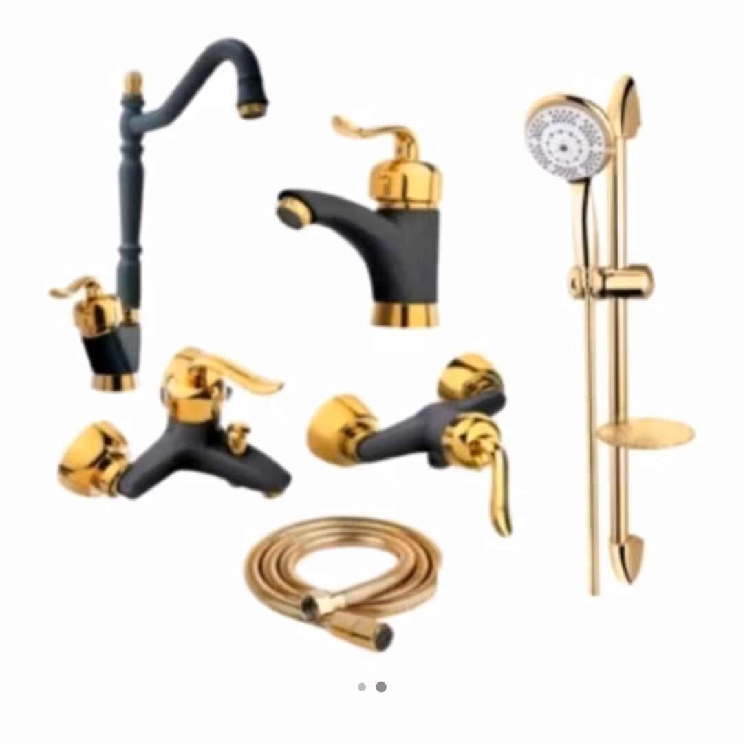 ست شش تایی شیرآلات قاجاری مشکی طلایی با علم دوش تک کاره و شیلنگ توالت 