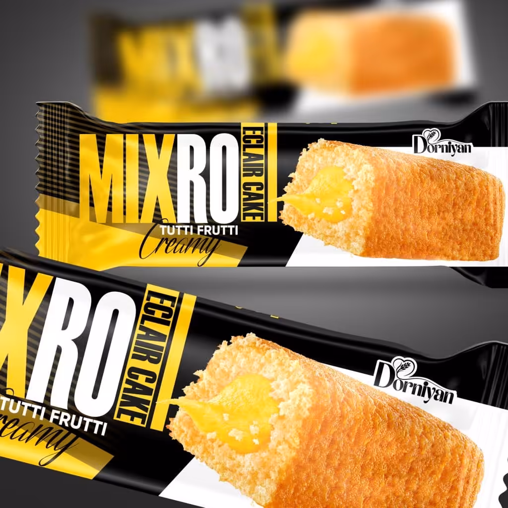 کیک فروتی 65گرمی میکس رول درنیان با کیفیت و طعم ماندگار برای تمامی سنین با مغزه میوه فروتی تولید شده 