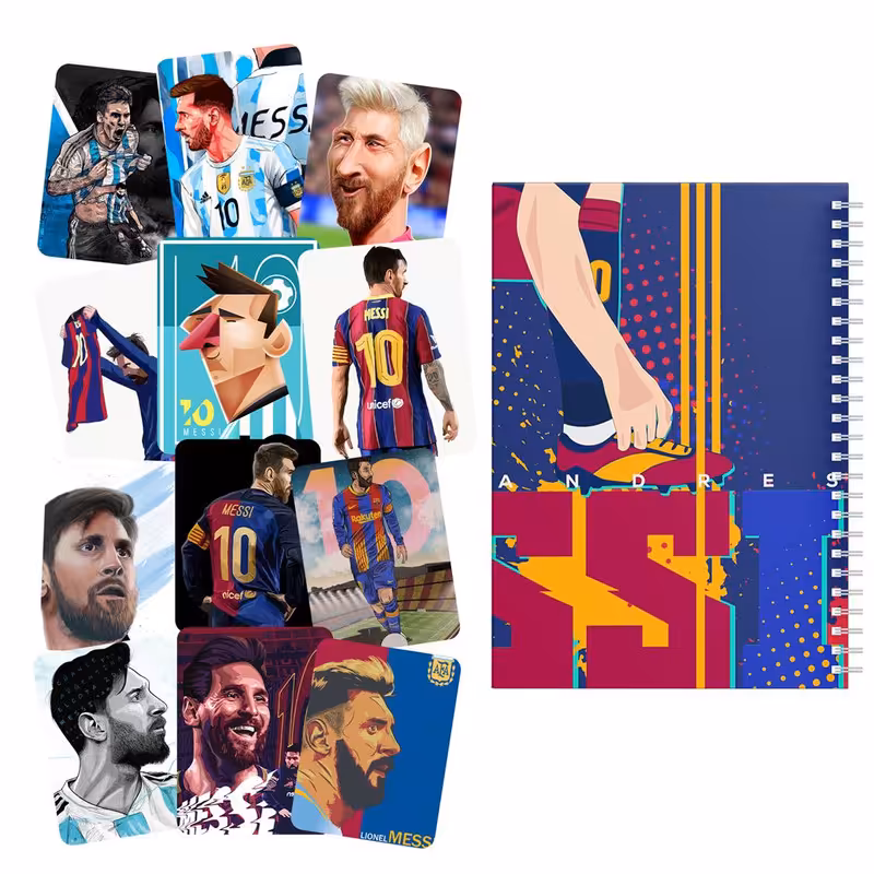 دفتر نقاشی باژیکان طرح فوتبالی مسی کد 20100584 به همراه استیکر لپ تاپ مجموعه 12 عددی