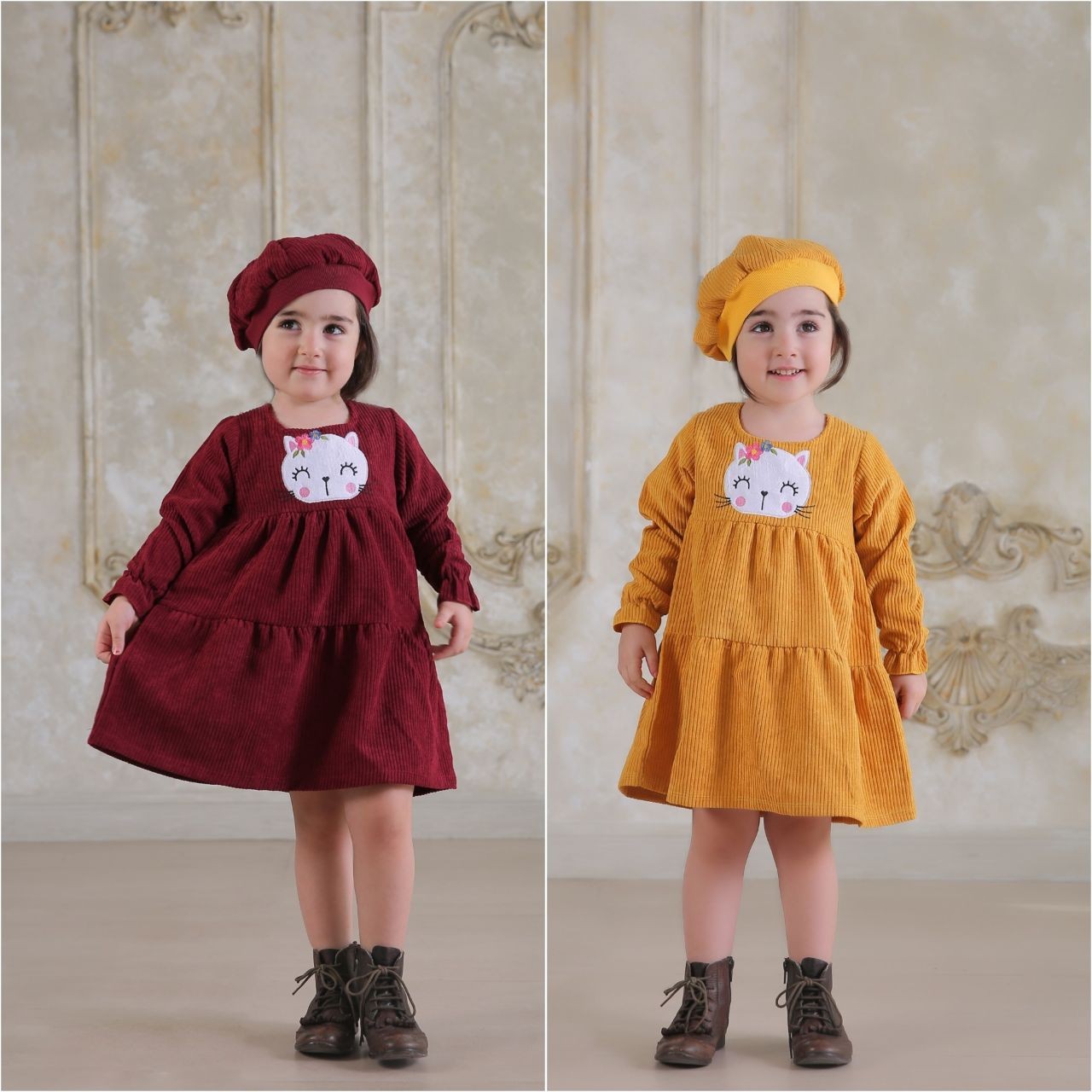 پیراهن مخمل کبریتی طرح گربه کلاه دار زرشکی و خردلی مناسب یلدا تنخور زیبا
