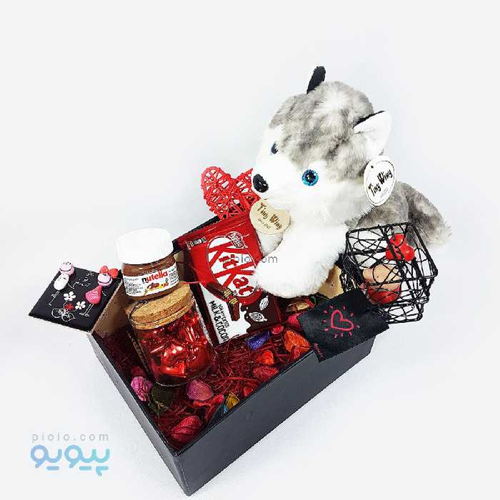 پکیج کادویی ولنتاین با عروسک سگ هاسکی ارتفاع 20 سانتی متر