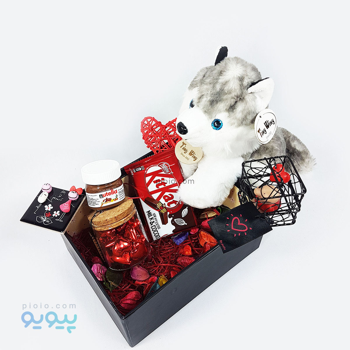 پکیج کادویی ولنتاین با عروسک سگ هاسکی ارتفاع 20 سانتی متر