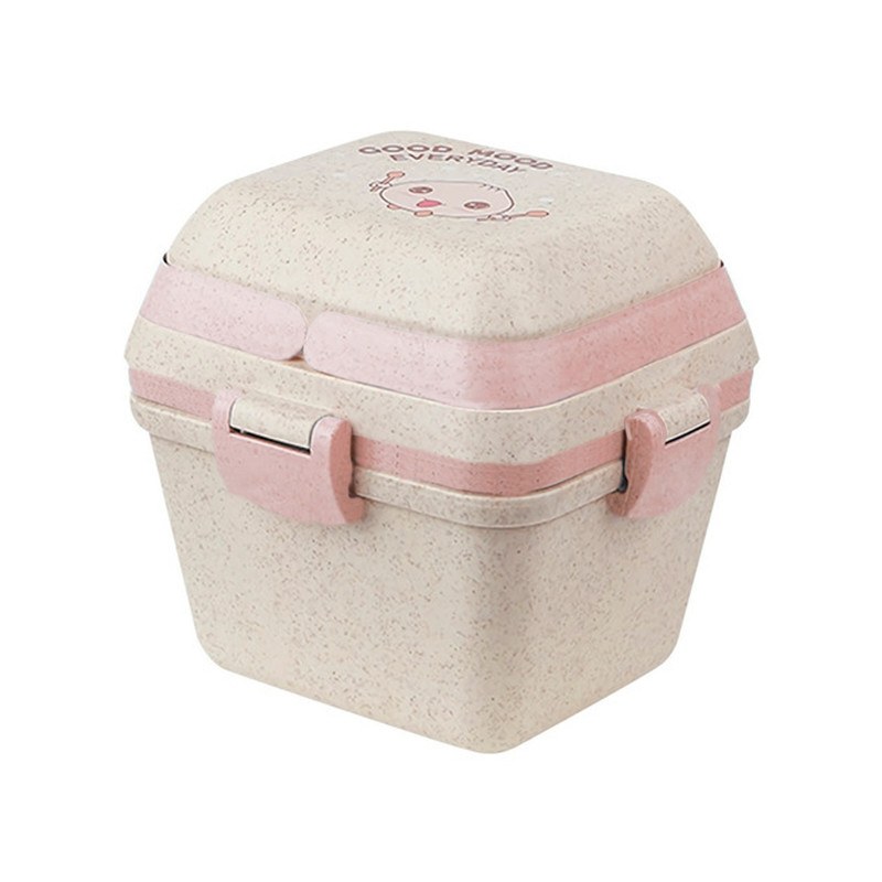 ظرف نگهدارنده غذا فیبر بامبو کرم رنگ داخل و دور صورتی دو طرف بست 