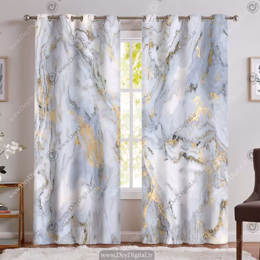 خرید پرده پانچی طرح سنگ ماربل طلایی آبی روشن PK-5448