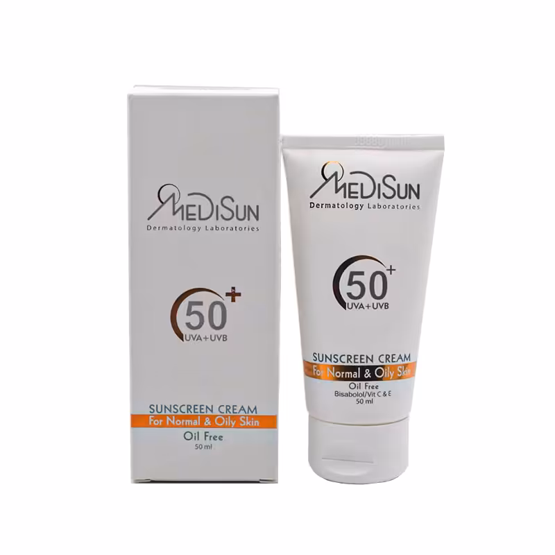 کرم ضد آفتاب بی رنگ مدیسان مدل SPF 50 مناسب پوست های چرب و معمولی حجم 50 میلی لیتر