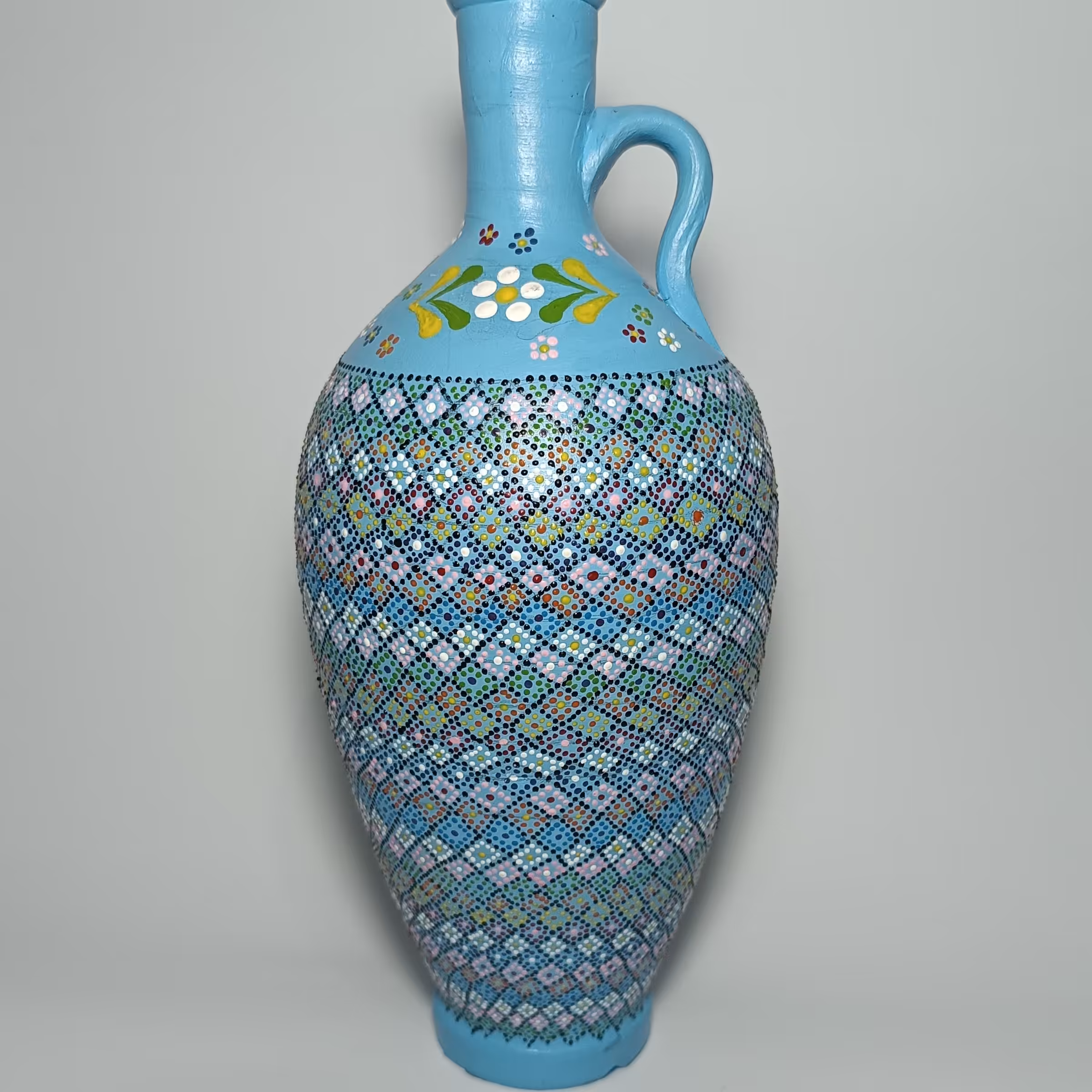 کوزه نقطه کوبی ، زمینه سفالی ، کار دست ، رنگ آبی ، ارتفاع 30 سانت ، درصورت سفارش این طرح بر روی ظروف دیگرنیزقابل اجراست