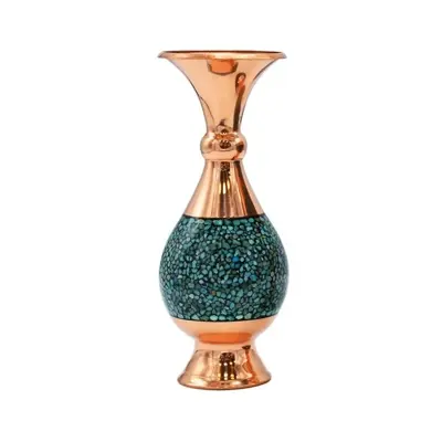 گلدان فیروزه کوبی 16 سانتی مس و فیروزه کوبی نیشابور صنایع دستی سایروس 