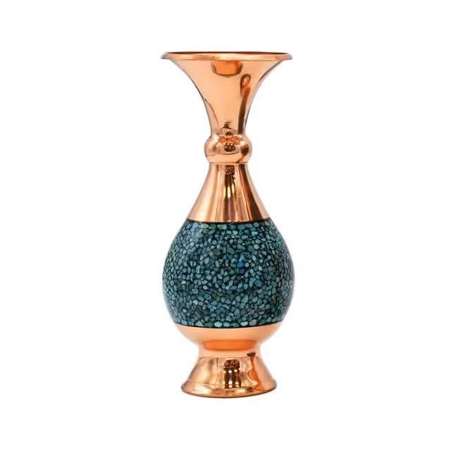 گلدان فیروزه کوبی 16 سانتی مس و فیروزه کوبی نیشابور صنایع دستی سایروس 