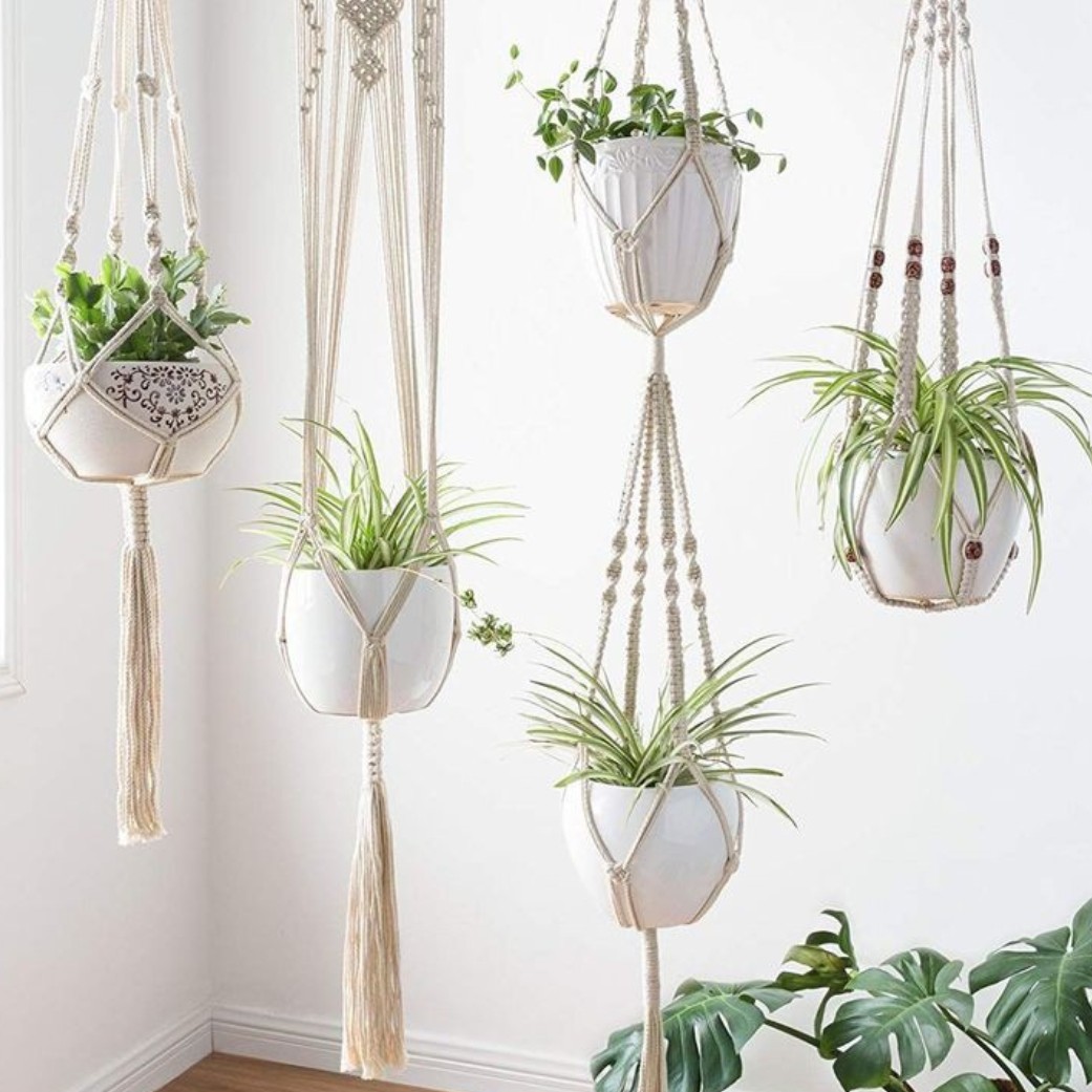 آویزگلدان دوطبقه مکرومه مهره دار مدل رز