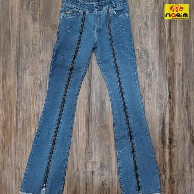 شلوار لی آبی بوت کات طرح زیپ دم پا ریش دخترانه سایز70تا100سنین 7تا13