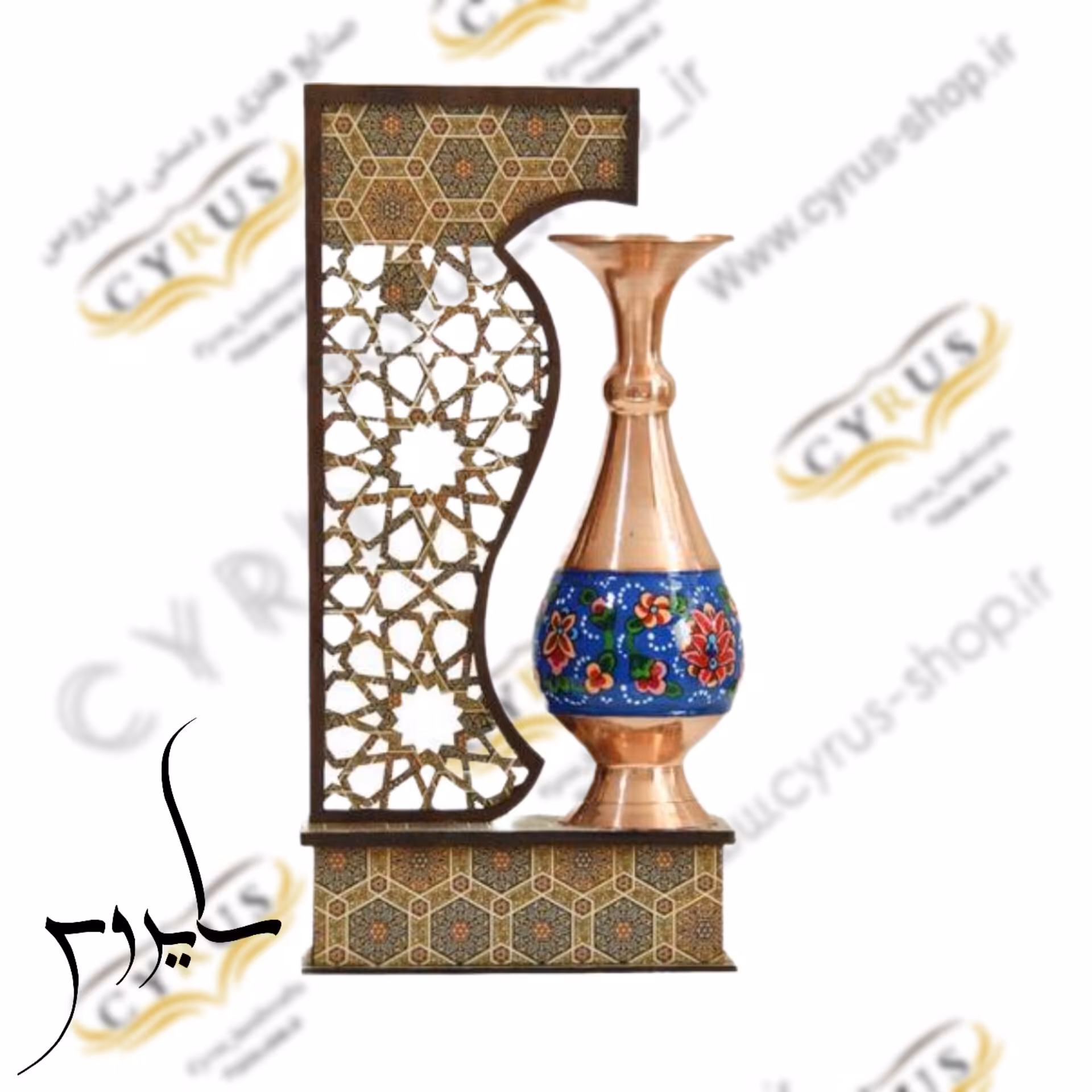 تندیس گلدان مس و پرداز طرح خاتم تندیس مس و نقاشی 16 سانتی تندیس هدیه سازمانی و کادویی و ارگانی 