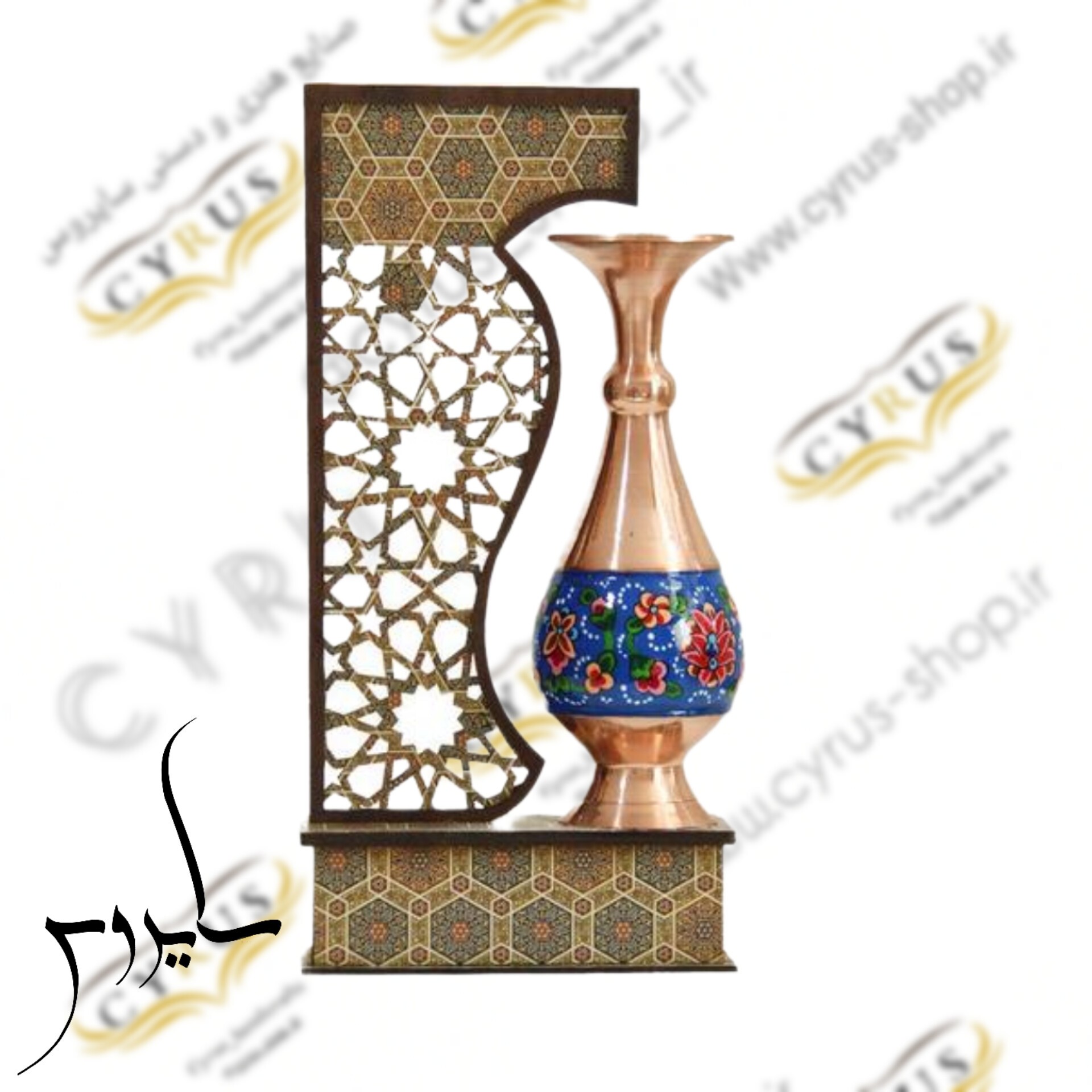 تندیس گلدان مس و پرداز طرح خاتم تندیس مس و نقاشی 16 سانتی تندیس هدیه سازمانی و کادویی و ارگانی