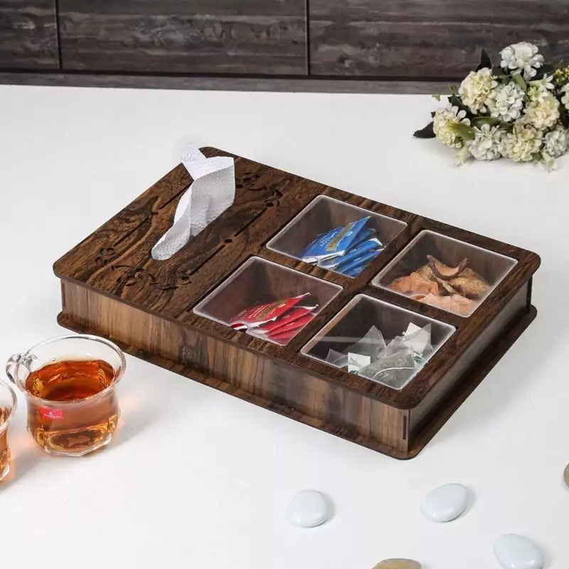 استند مزه جا دستمال کاغذی دار مدل مستطیلی چوبی برای قرار دادن انواع مواد غذایی و تنقلات و مزه ها و آجیل و ....