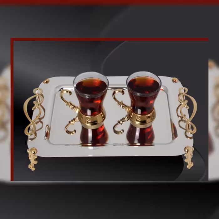 سینی پذیرایی استیل طرح دسته لبخندی پایه دار کوچک (طلایی)