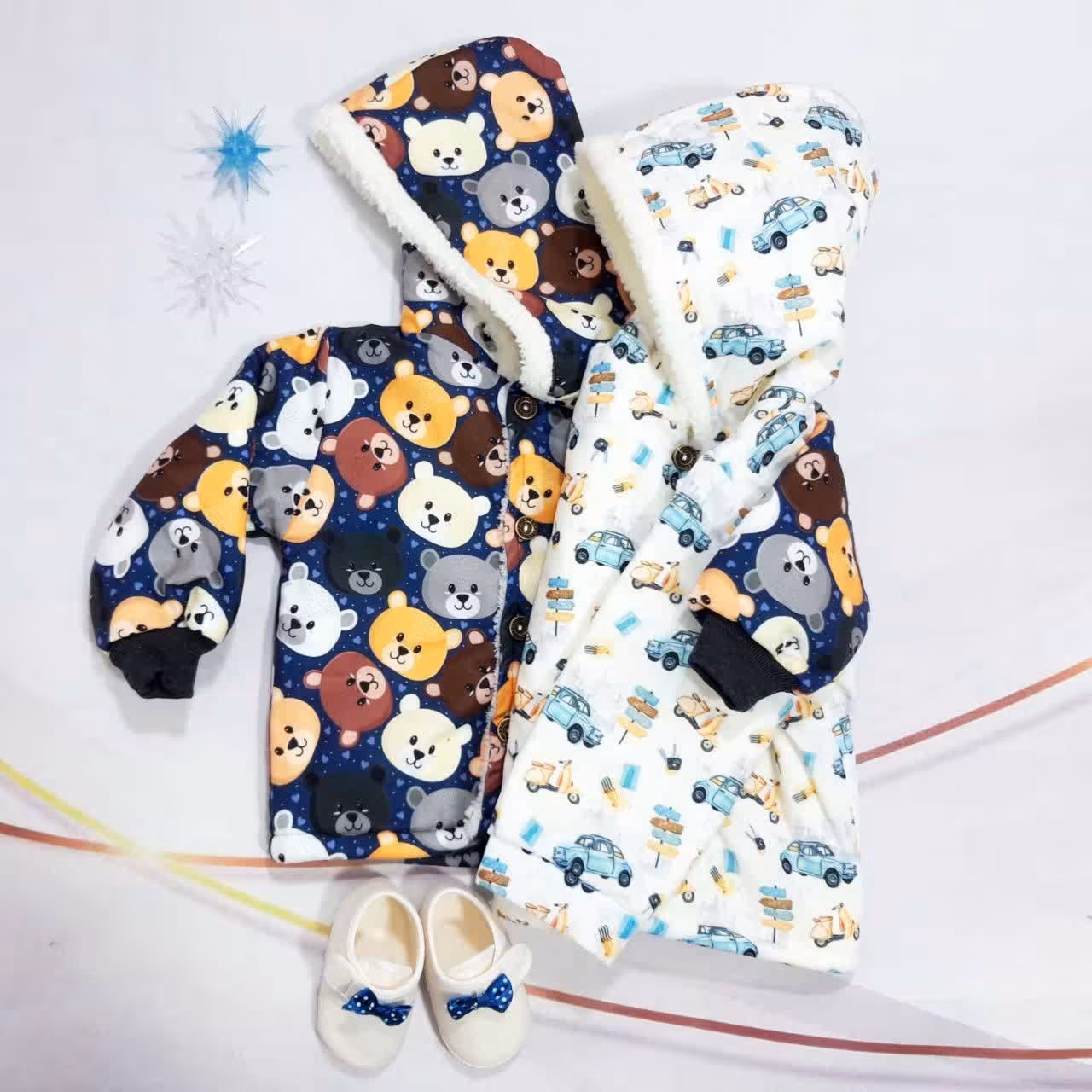 کاپشن نوزاد داخل خز طرح خرس و ماشین 