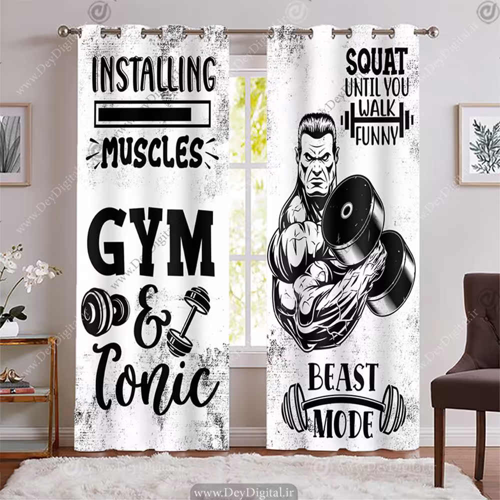 پرده پانچی آماده باشگاه بدنسازی با عنوان درحال نصب عضلات و زمینه روشن BA-7610-s