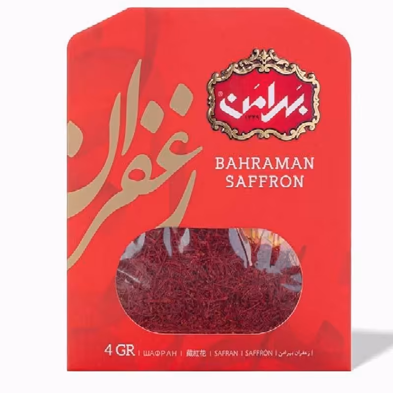 زعفران چهار گرمی پاکتی بهرامن از نوع رشته ای درجه یک(سرگل) عطاری ترنج