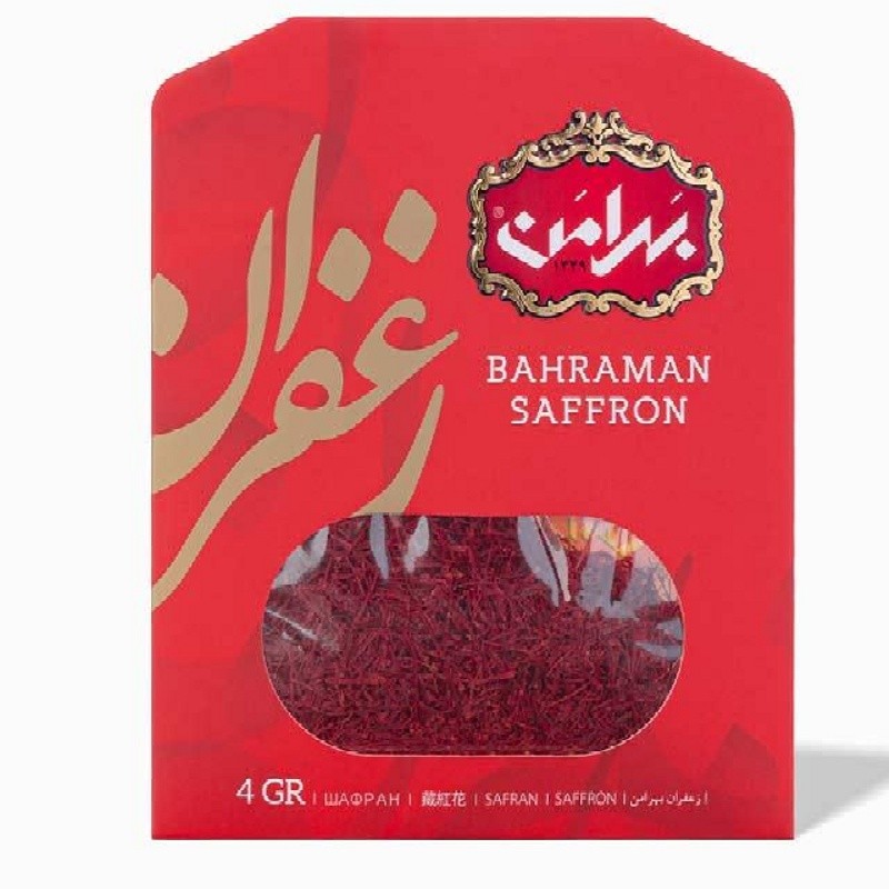 زعفران چهار گرمی پاکتی بهرامن از نوع رشته ای درجه یک(سرگل) عطاری ترنج
