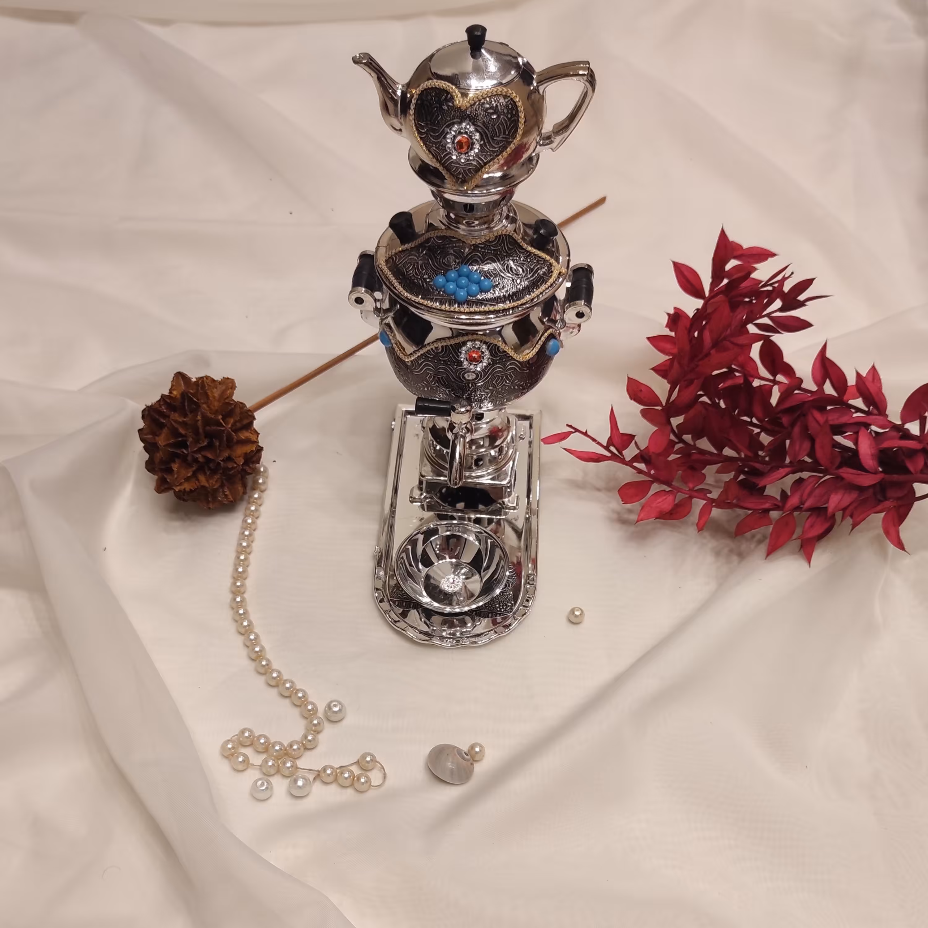 سرویس سماور و قوری دکوری نقره ای