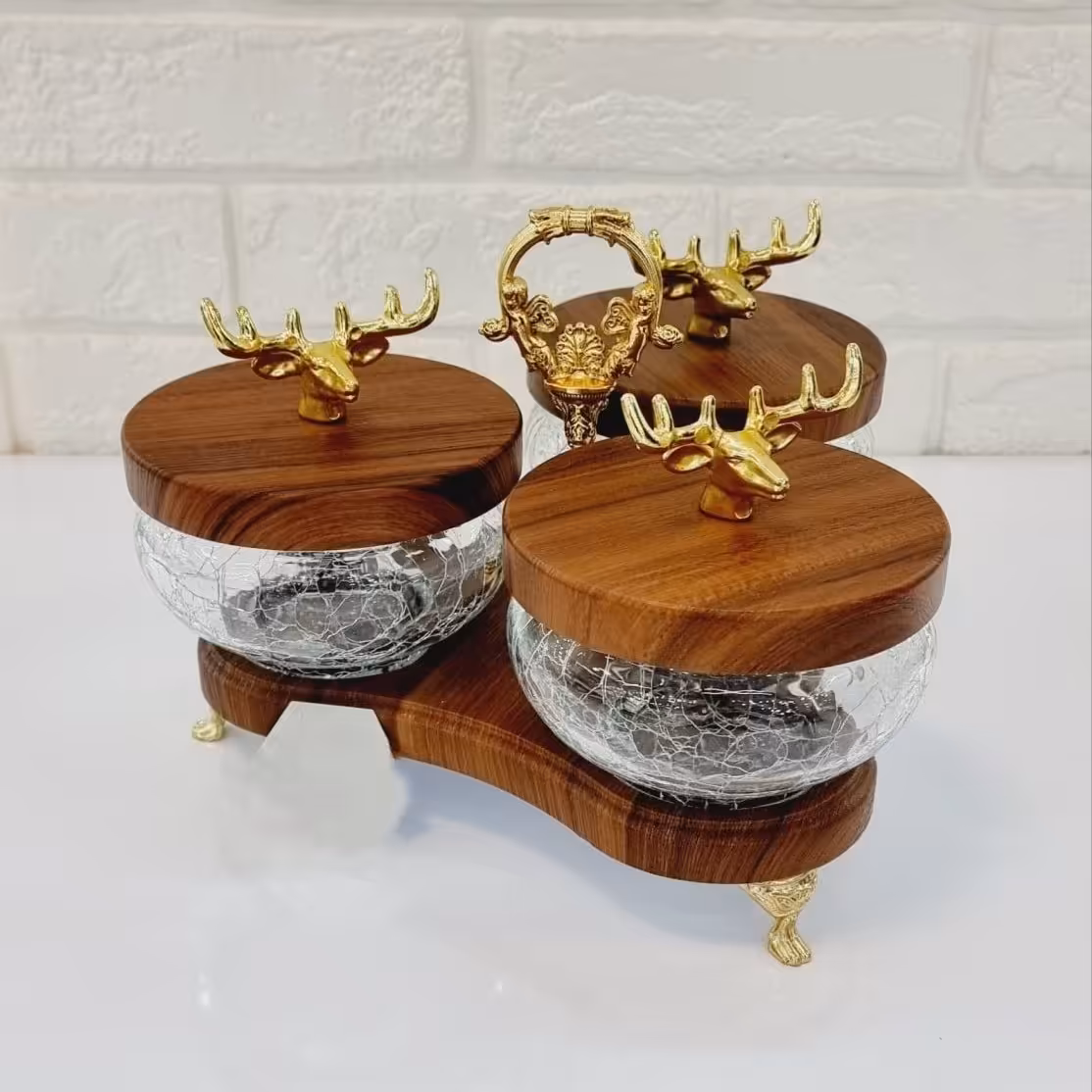 کندی سه تایی شیشه ترک  سه پایه  دسته دار  کفه و درب چوبی کد 134