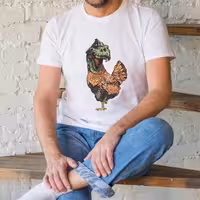 تیشرت سفید آستین کوتاه طرح دایناسور مرغی