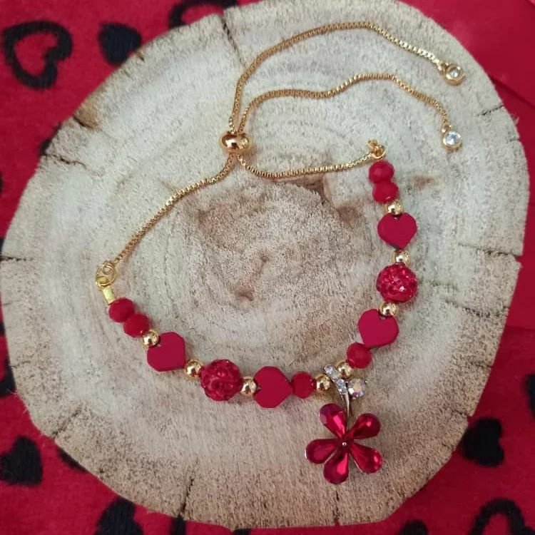 دستبند آسانسوری قلبی با آویز گل نگینی(تخفیف ولنتاین) کادوی ولنتاین