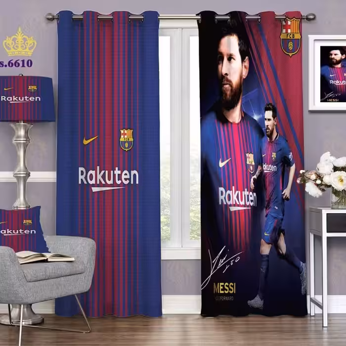 پرده اتاق کودک پسرانه و قواره پانچ ورزشی طرح فوتبال مسی بارسلونا کد S6610