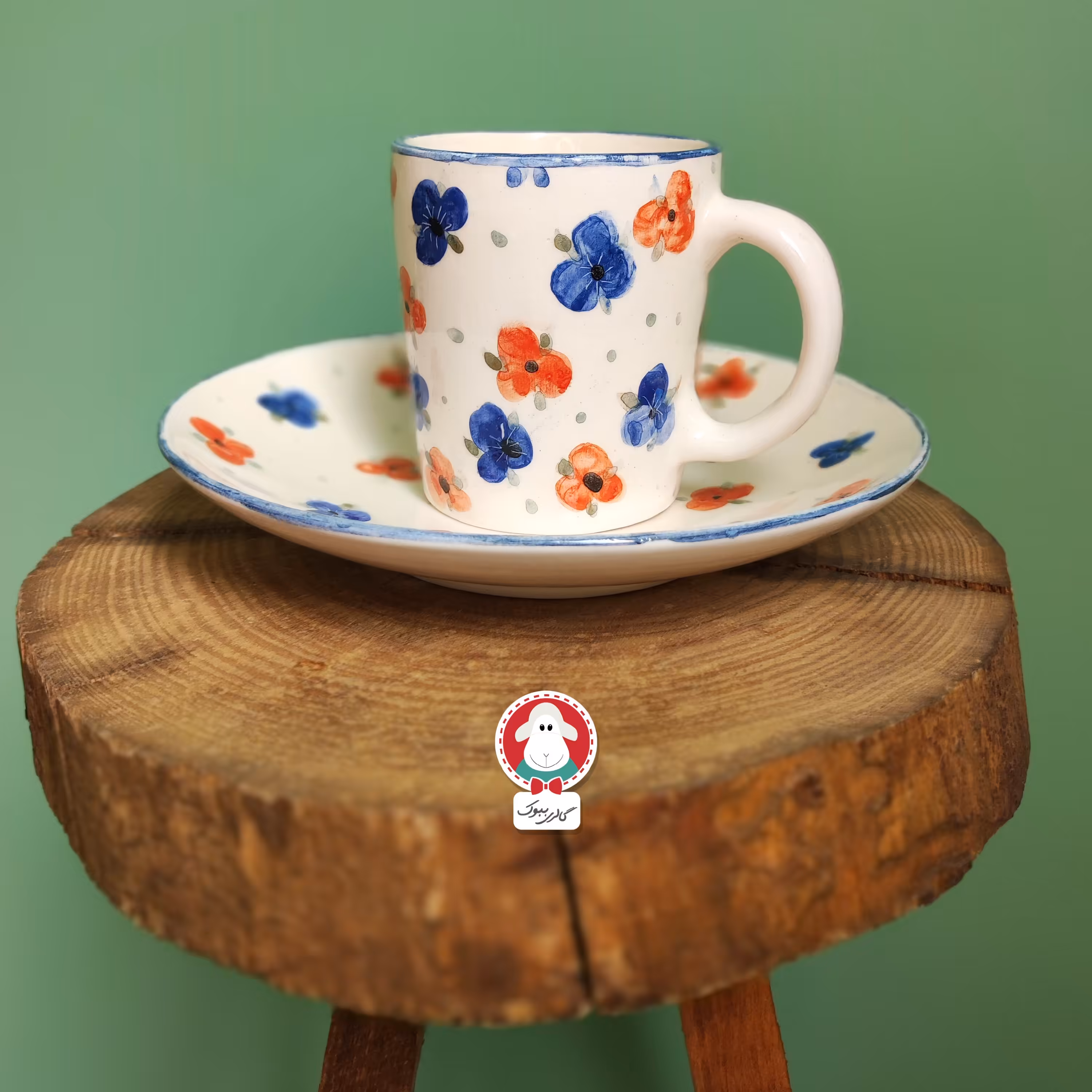 ست ماگ و بشقاب سرامیکی طرح  گل گلی لاجوردی نارنجی