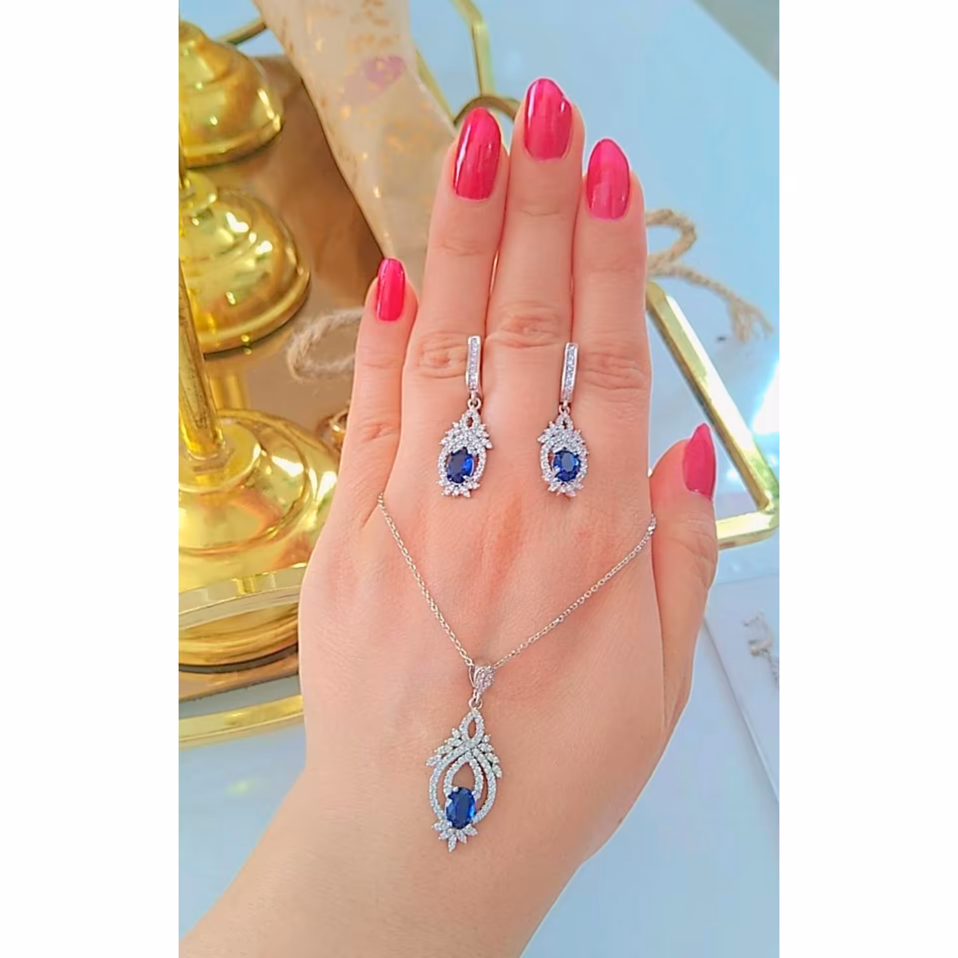 نیم ست نقره زنانه نگین کبود عیار 925استاندارد با آبکاری طلاسفید بدون ریزش نگین ضد حساسیت