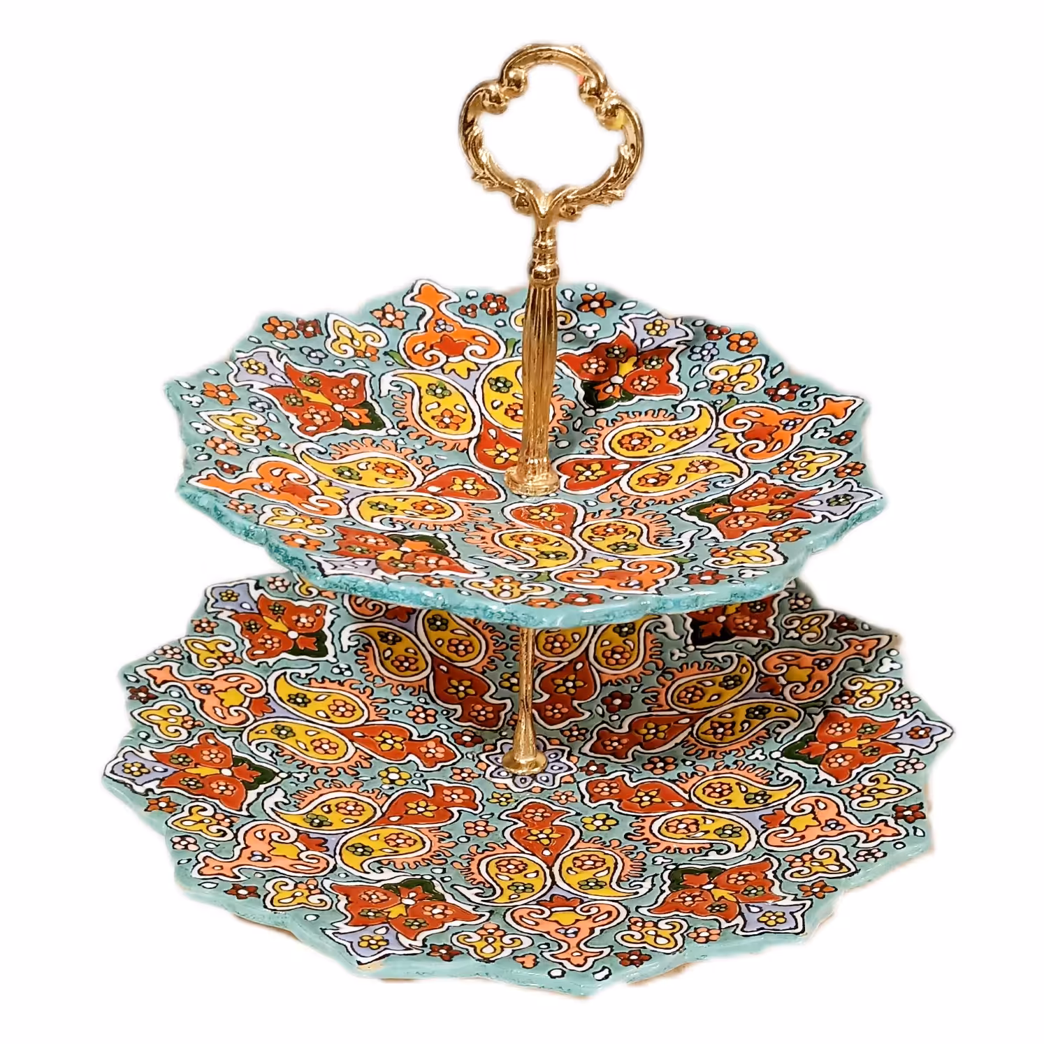 ظرف پذیرایی دو طبقه میناکاری با دسته طلایی 