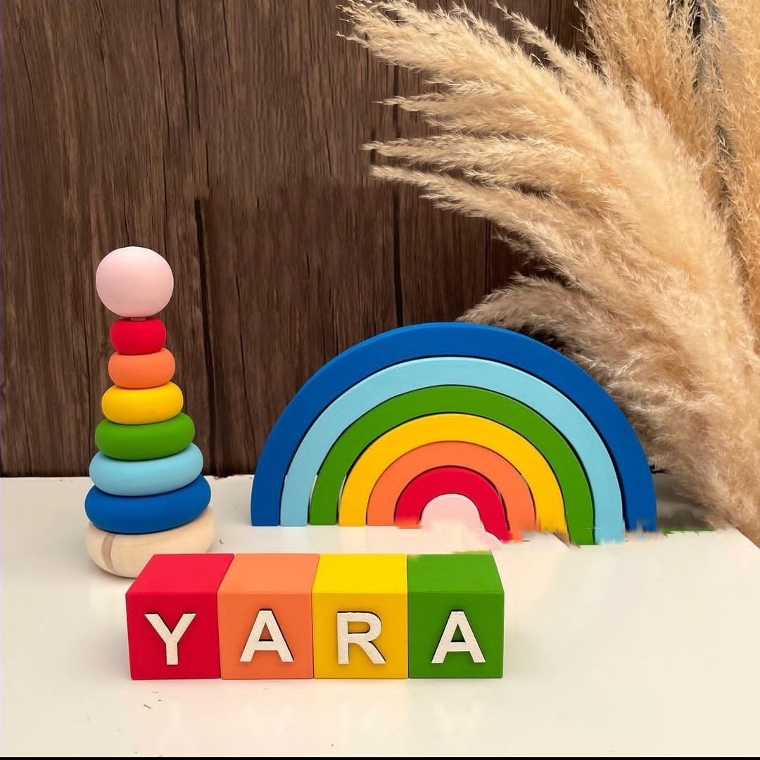 ست چوبی برج هوش و رنگین کمان و مکعب اسم