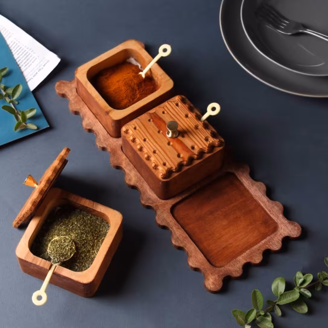 جا ادویه  چوبی پیمانه دار طرح بیسکوئیت