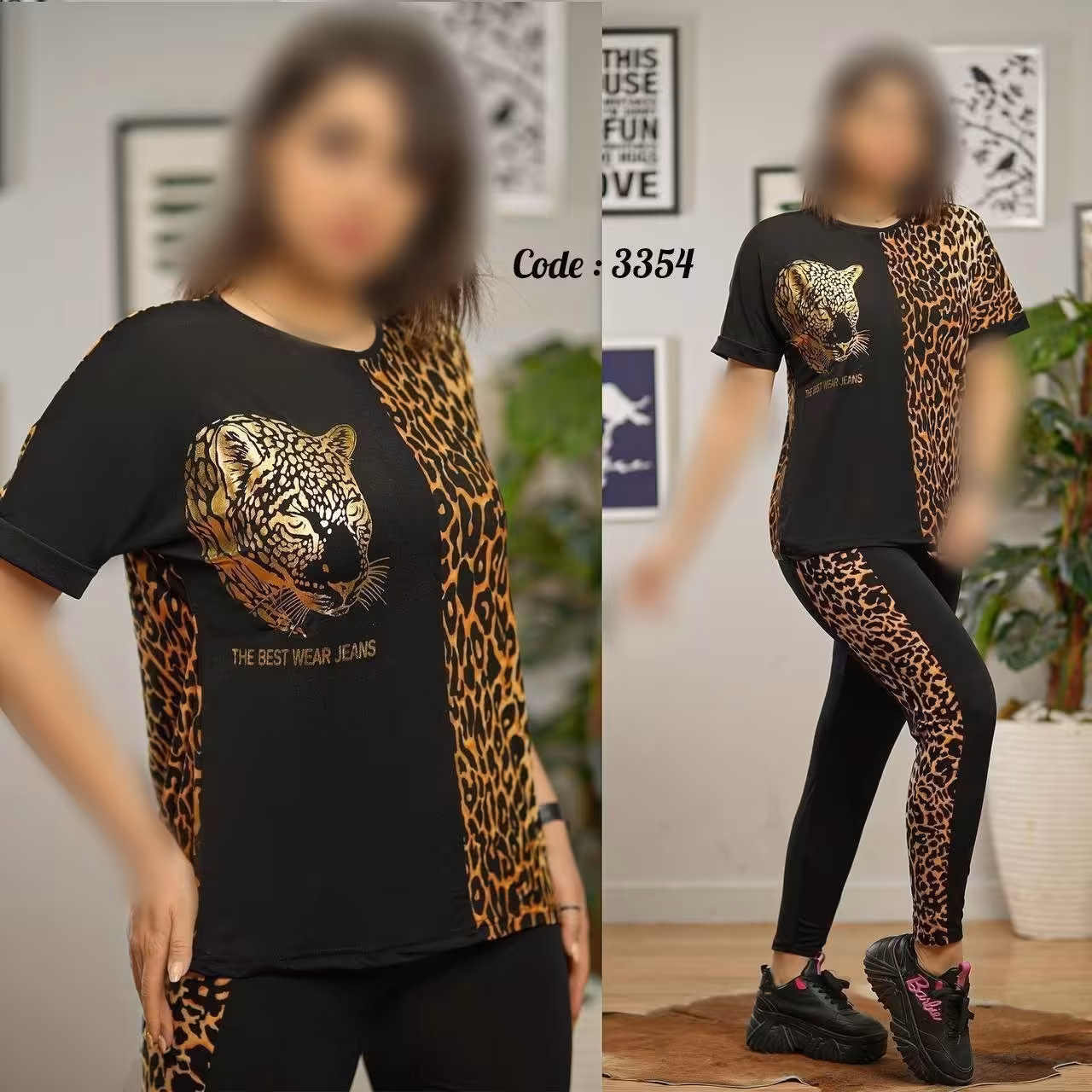 ست ورزشی سایز بزرگ ست باشگاهی ست تیشرت و شلوار قواره بزرگ ورزشی جنس فلامنت گرم بالا آستین کیمانویی طرح پلنگی طلایی