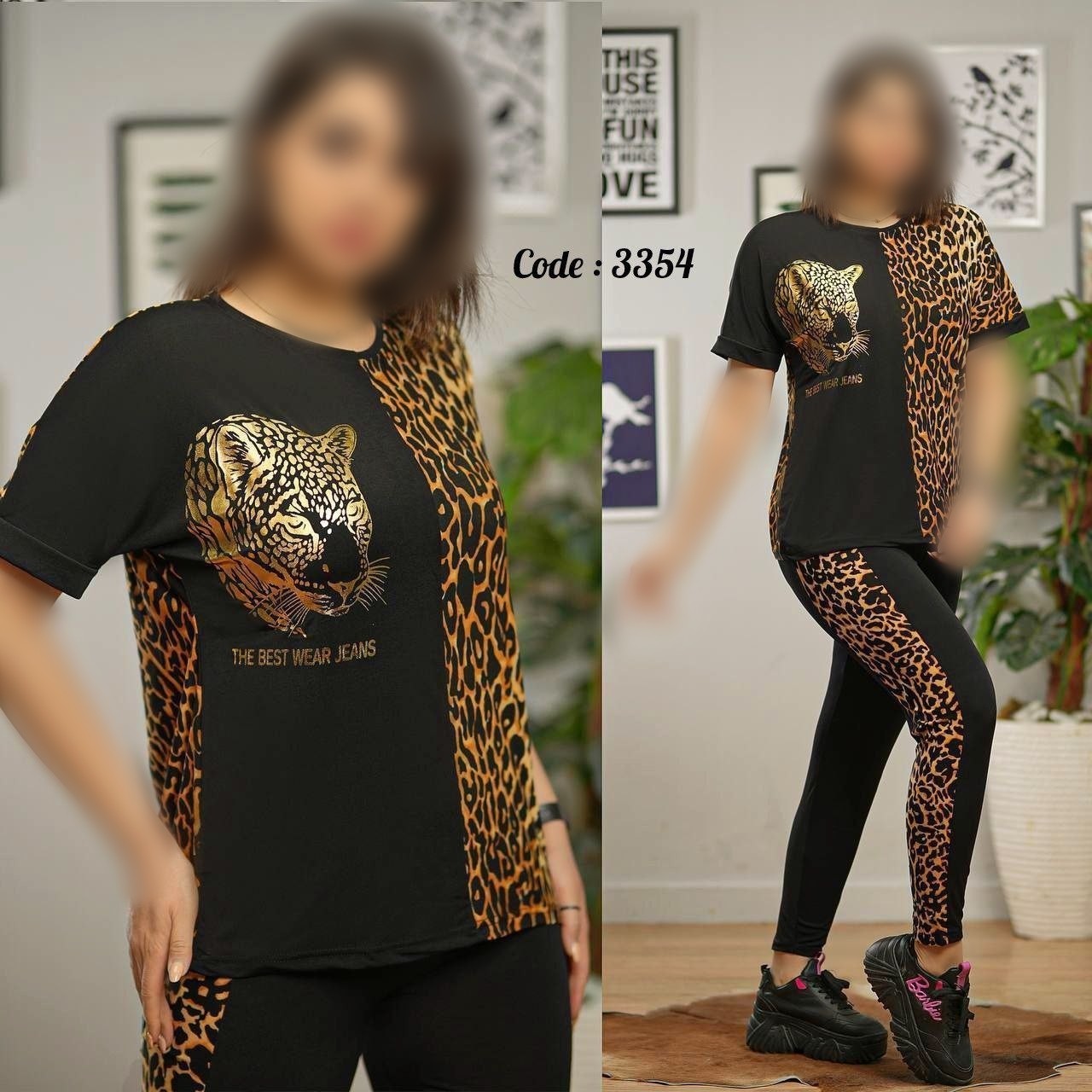 ست ورزشی سایز بزرگ ست باشگاهی ست تیشرت و شلوار قواره بزرگ ورزشی جنس فلامنت گرم بالا آستین کیمانویی طرح پلنگی طلایی