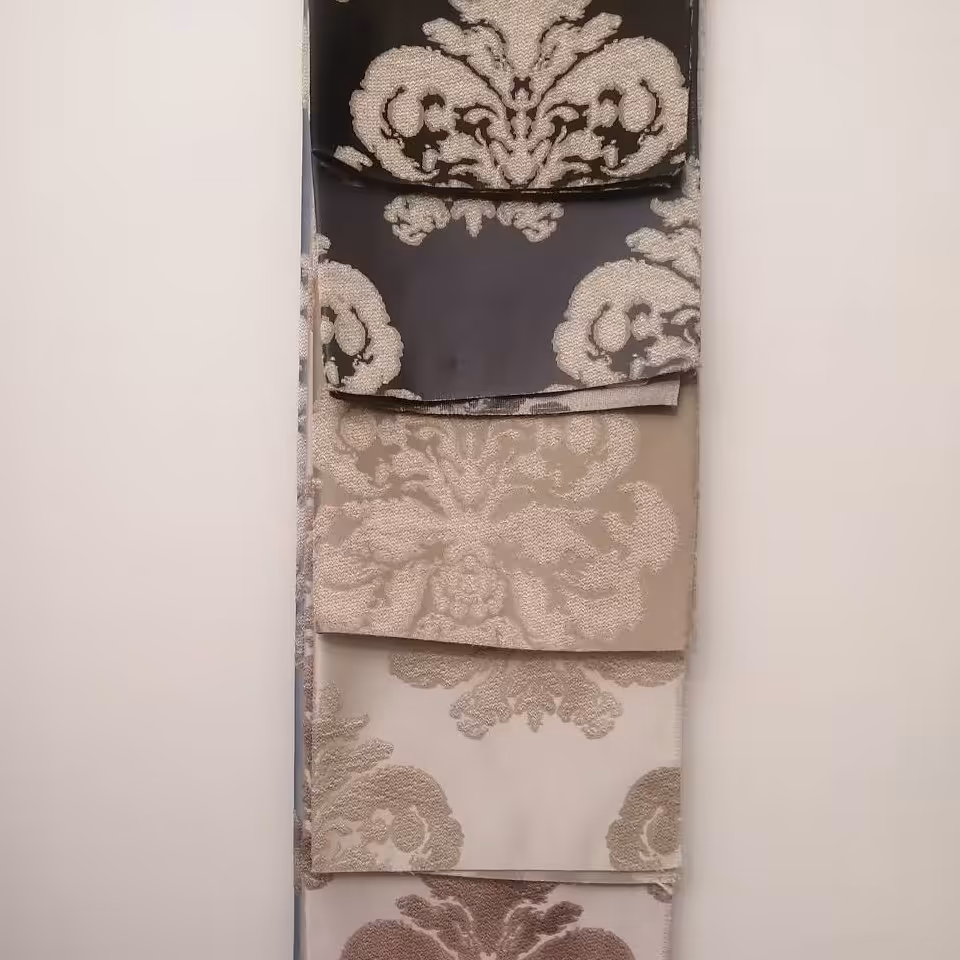 پارچه ساتن ژاکارت بافت گل داماس ترک در رنگ قهوه ای کرم طوسی شکلاتی آبی (طلایی) (پس کرایه)