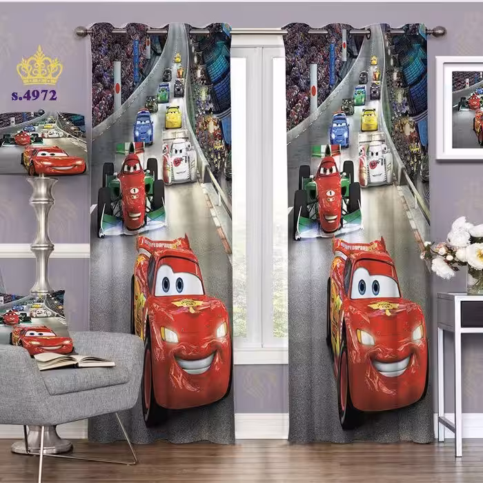 پرده اتاق خواب کودک پسرانه دو قواره پانچ طرح کارتون ماشین ها کد S4972