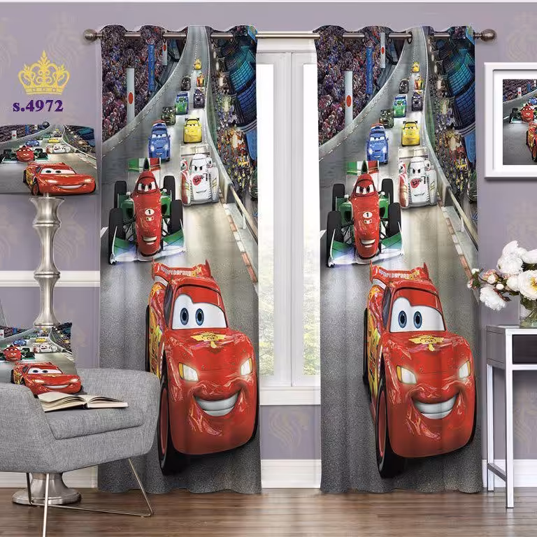 پرده اتاق خواب کودک پسرانه دو قواره پانچ طرح کارتون ماشین ها کد S4972