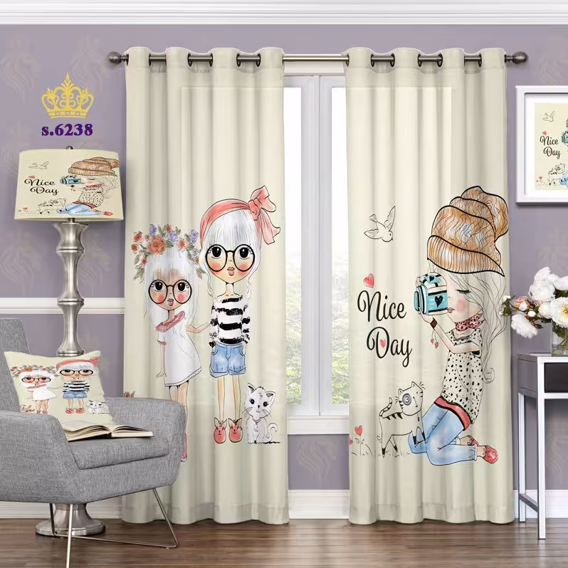 پرده جدید کودک پانچ دو قواره آماده طرح دخترانه کد 6238