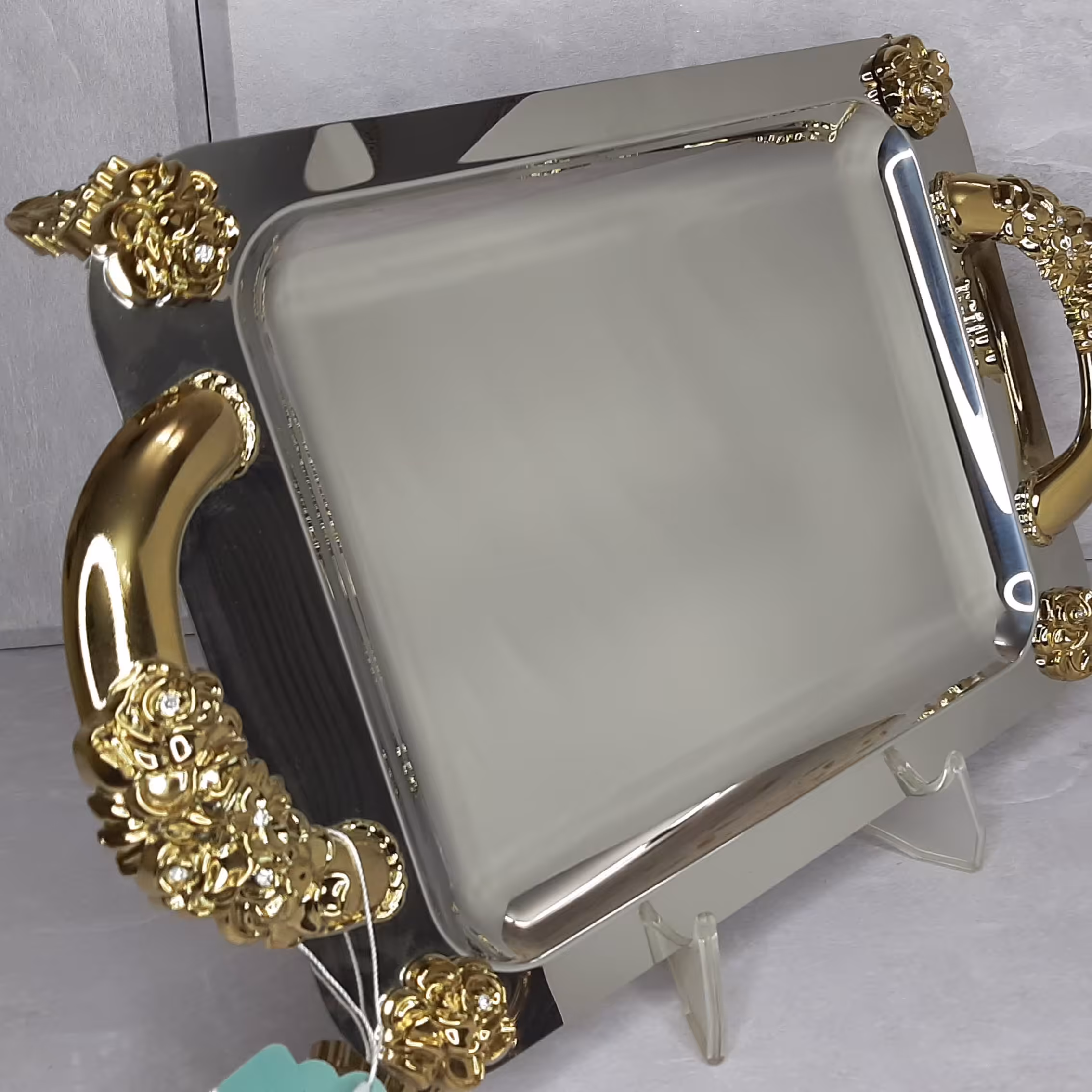 سینی استیل پایه دار طلایی مدل گل رز